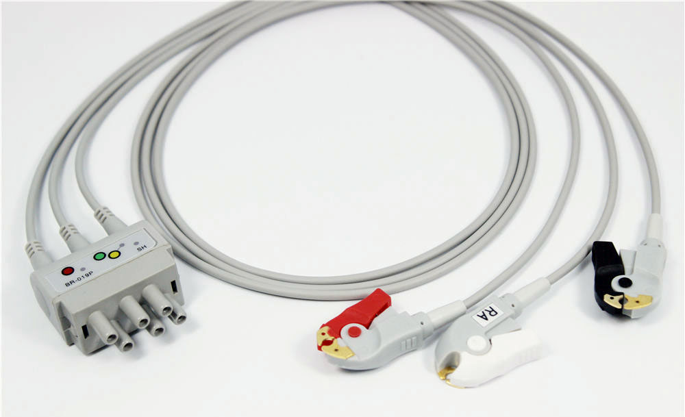 ЭКГ кабель пациента для Nihon Kohden Cardiolife, Lifescope series 6, 8, 9, 11, 6102, 6205, 6120, для магистрального Trunk кабеля с круглым 8pin разъемом, 3 провода, зажим Clip